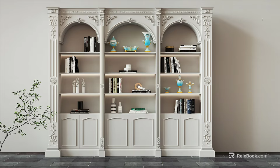 Ornate White Decorative Cabinet with Carved Classical Design Shelves Holding Books Vases and Decorative Items 3d model 