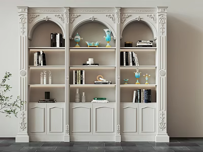 Ornate White Decorative Cabinet with Carved Classical Design Shelves Holding Books Vases and Decorative Items 3d model