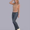 Women In Beige Tops And Blue Jeans Posing In Various Styles On Gray Background