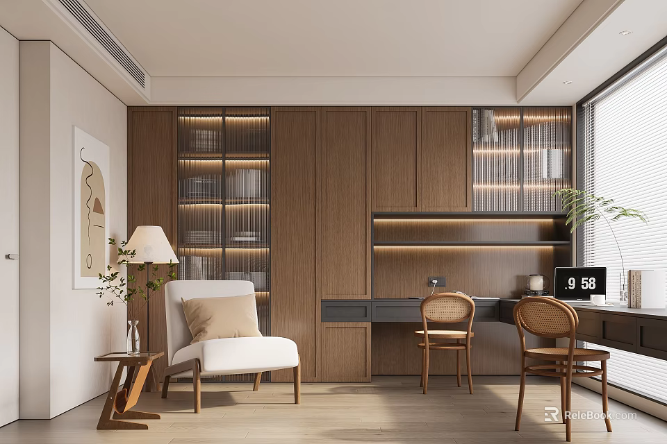 Modern Study Room Interior With Wooden Bookshelves Writing Desk Chairs Table Lamp And Natural Light 3d model 