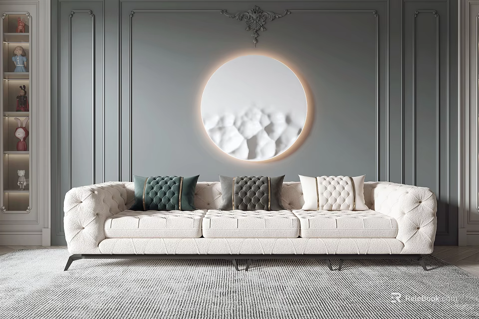 Elegant White Multi Person Sofa With Decorative Cushions Grey Wall And Round Chandelier 3d model 