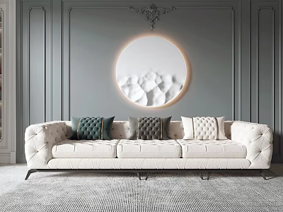 Elegant White Multi Person Sofa With Decorative Cushions Grey Wall And Round Chandelier 3d model