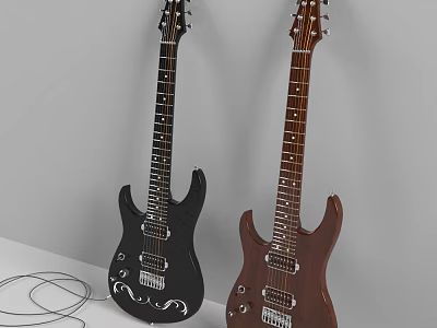Black And Brown Electric Guitars Musical Instruments Display On White Table With Gray Wall 3d model