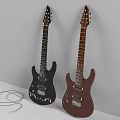 Black And Brown Electric Guitars Musical Instruments Display On White Table With Gray Wall