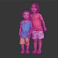 Two Kids Portrait Standing Together Wearing Blue Shirt Yellow Shorts Pink Top And White Shorts
