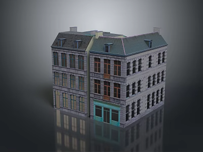 Cartoon Scene of Three Story European Building With Gray Exterior Green Door and Multiple Windows 3d model