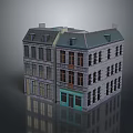 Cartoon Scene of Three Story European Building With Gray Exterior Green Door and Multiple Windows