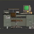 Children Learning At Vintage Study Desk With Retro Green Screen Computer Books And Wooden Chair