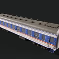 Blue White Red Striped Train Carriage With Multiple Windows And White Roof
