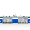 Modern Laboratory Workspace With Lab Bench Faucet Bottles Blue Cabinets And Stools