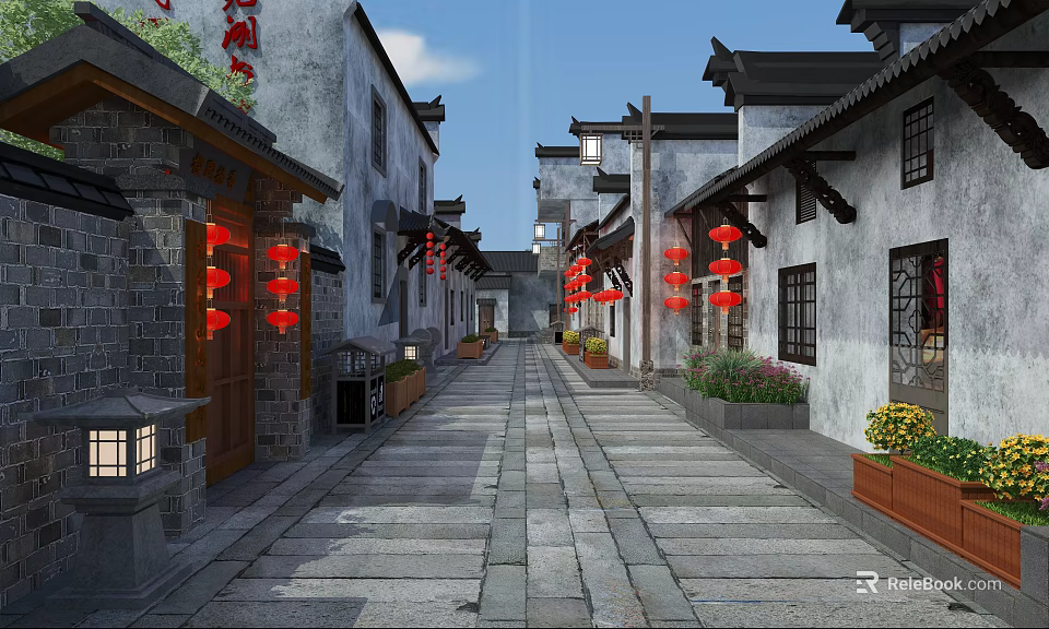 Traditional Chinese Commercial Street With Ancient Architecture Red Lanterns And Stone Paved Path 3d model 