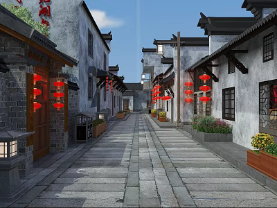 Traditional Chinese Commercial Street With Ancient Architecture Red Lanterns And Stone Paved Path 3d model