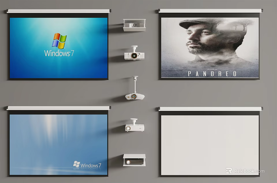 Projection Monitoring Equipment Setup With HD Projectors And Multiple Projection Screens 3d model 