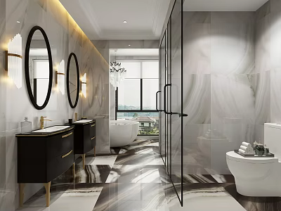 Modern Luxury Marble Bathroom With Dual Sink Vanities Freestanding Bathtub And Glass Shower Enclosure 3d model