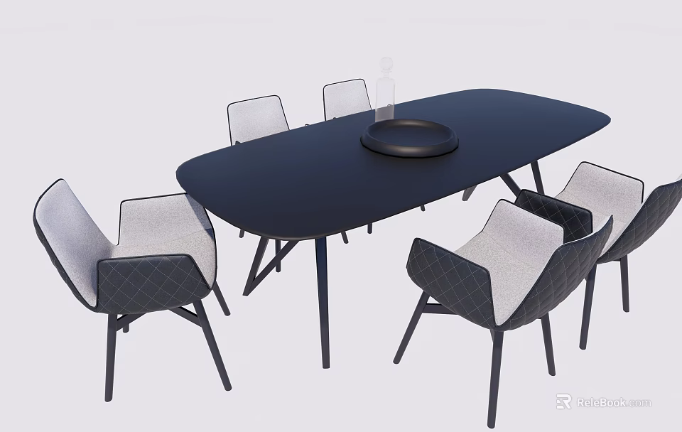 Modern Black Oval Dining Table Set With Six Stylish Upholstered Chairs 3d model