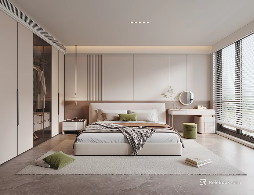 Modern Bedroom Interior With Large Bed Wardrobe Nightstand And Window Blinds 3d model 