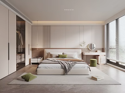 Modern Bedroom Interior With Large Bed Wardrobe Nightstand And Window Blinds 3d model
