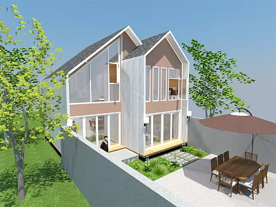 Modern Guesthouse Building With Sloped Roof Large Glass Windows Outdoor Terrace And Green Trees 3d model