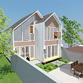 Modern Guesthouse Building With Sloped Roof Large Glass Windows Outdoor Terrace And Green Trees