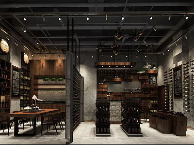 Modern Tobacco And Liquor Store Interior With Wooden Shelves Wine Bottles And Tobacco Displays 3d model