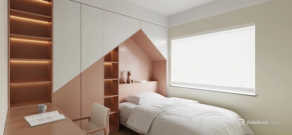 Cozy Pink Kids Room Interior With House Shaped Nook White Bed Desk Chair And Bookshelf 3d model 