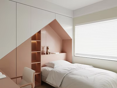 Cozy Pink Kids Room Interior With House Shaped Nook White Bed Desk Chair And Bookshelf 3d model