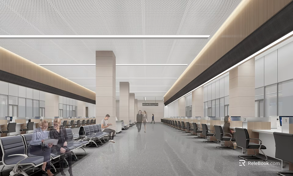 Modern Service Hall Interior With Spacious Waiting Seats And Service Counters 3d model 