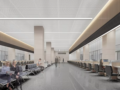 Modern Service Hall Interior With Spacious Waiting Seats And Service Counters 3d model