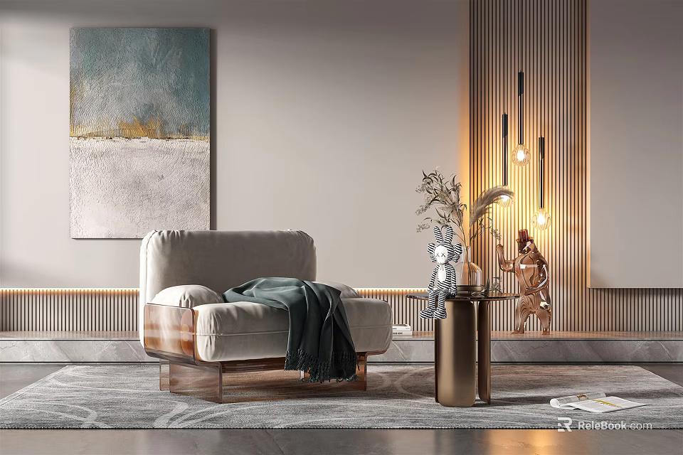 Modern Single Sofa In Living Room With Throw Blanket Decorative Painting And Vase 3d model 