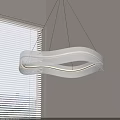 Curved White Pendant Light with Glowing Light Strips Hanging in White Room with Window Blinds