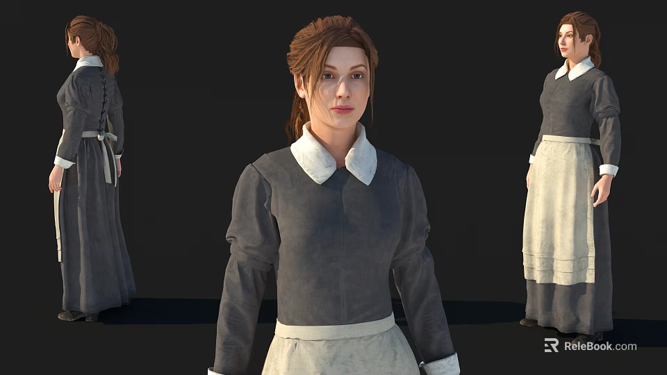 Woman In Gray Top With White Collar And White Apron Displayed From Different Angles 3d model 