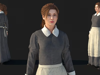 Woman In Gray Top With White Collar And White Apron Displayed From Different Angles 3d model