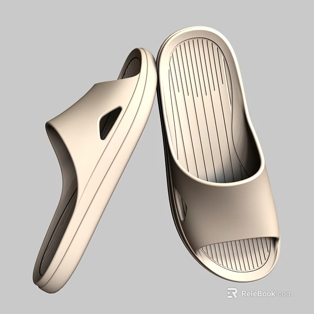 Beige Open Toe Slide Slippers With Striped Sole For Comfortable Home Wear 3d model 