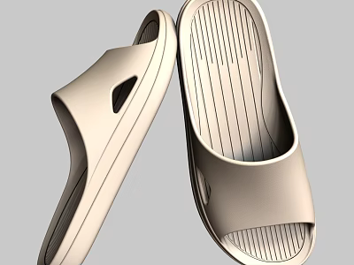 Beige Open Toe Slide Slippers With Striped Sole For Comfortable Home Wear 3d model
