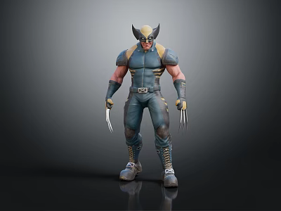 Wolverine Superhero 3D Model Character With Blue Yellow Costume And Metal Claws 3d model