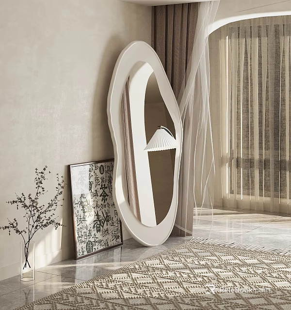 Modern Irregular Shaped Mirror In Room With Artwork Plant And Sheer Curtain 3d model 