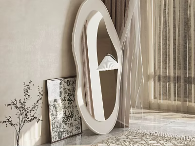 Modern Irregular Shaped Mirror In Room With Artwork Plant And Sheer Curtain 3d model