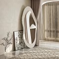 Modern Irregular Shaped Mirror In Room With Artwork Plant And Sheer Curtain
