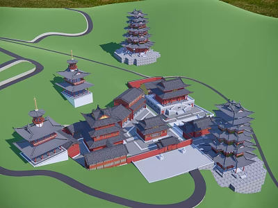 Traditional Ancient Chinese Architecture Complex With Multiple Pagoda Towers And Courtyards 3d model