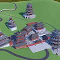 Traditional Ancient Chinese Architecture Complex With Multiple Pagoda Towers And Courtyards