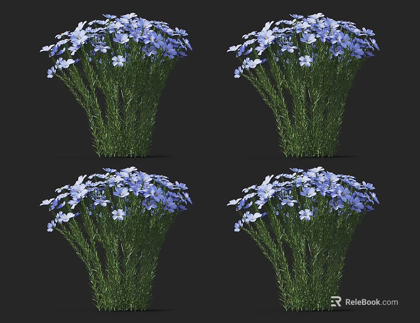 Blue And White Flower Clusters With Green Stems On Black Background 3d model 