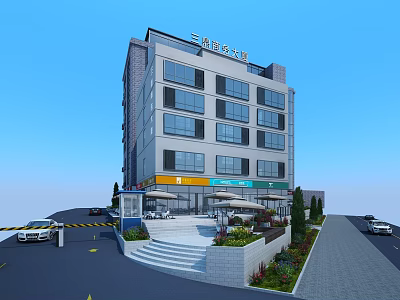 Modern Multi Story Office Building With Front Steps Greenery And Parking Area 3d model