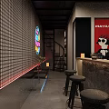 Industrial Style Cafe Interior With Bar Counter High Stools Menu Boards And Beverage Fridge