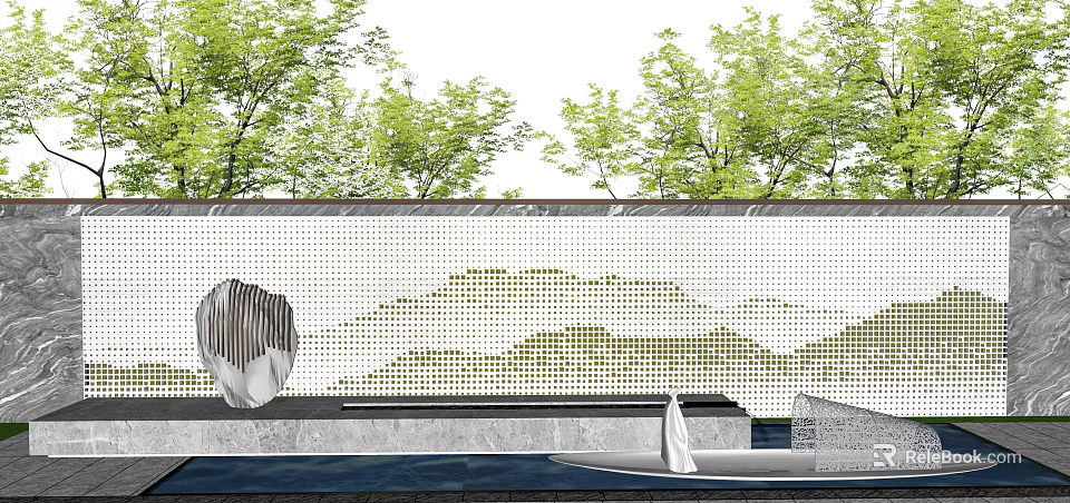 Modern Feature Wall Design With Mountain Pattern Green Trees Water Feature And Decorative Sculpture 3d model 