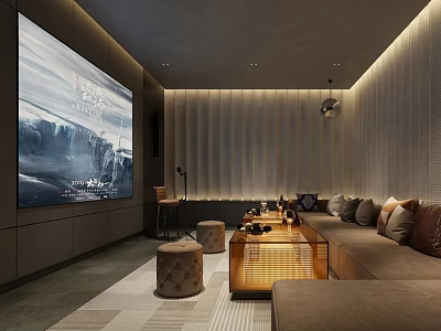 Modern KTV Lounge Interior Design With Large Screen Comfortable Sofa And Coffee Table 3d model