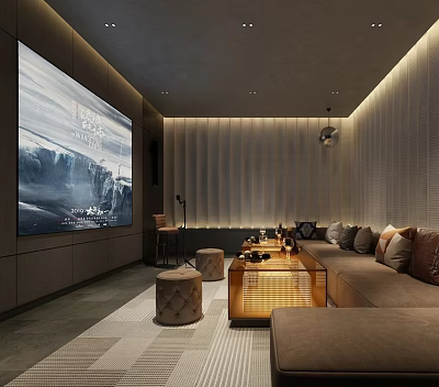 Modern KTV Lounge Interior Design With Large Screen Comfortable Sofa And Coffee Table 3d model