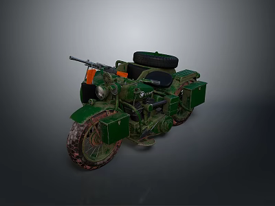 Green Camouflage Motorcycle With Sidecar Gun On Handlebars And Muddy Tires 3d model