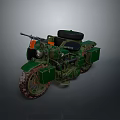Green Camouflage Motorcycle With Sidecar Gun On Handlebars And Muddy Tires
