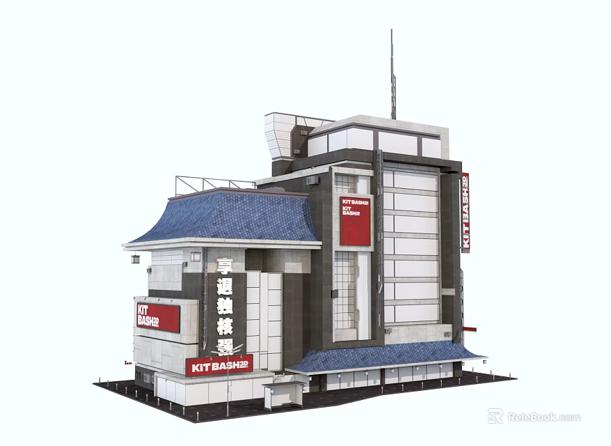 Cartoon Scene Building With Asian Style Roof KTV BANKING Sign And Modern Multi Story Structure 3d model 