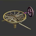 Mechanical Industrial Equipment Featuring Large Spoked Wheel And Small Wheel On Metal Stand